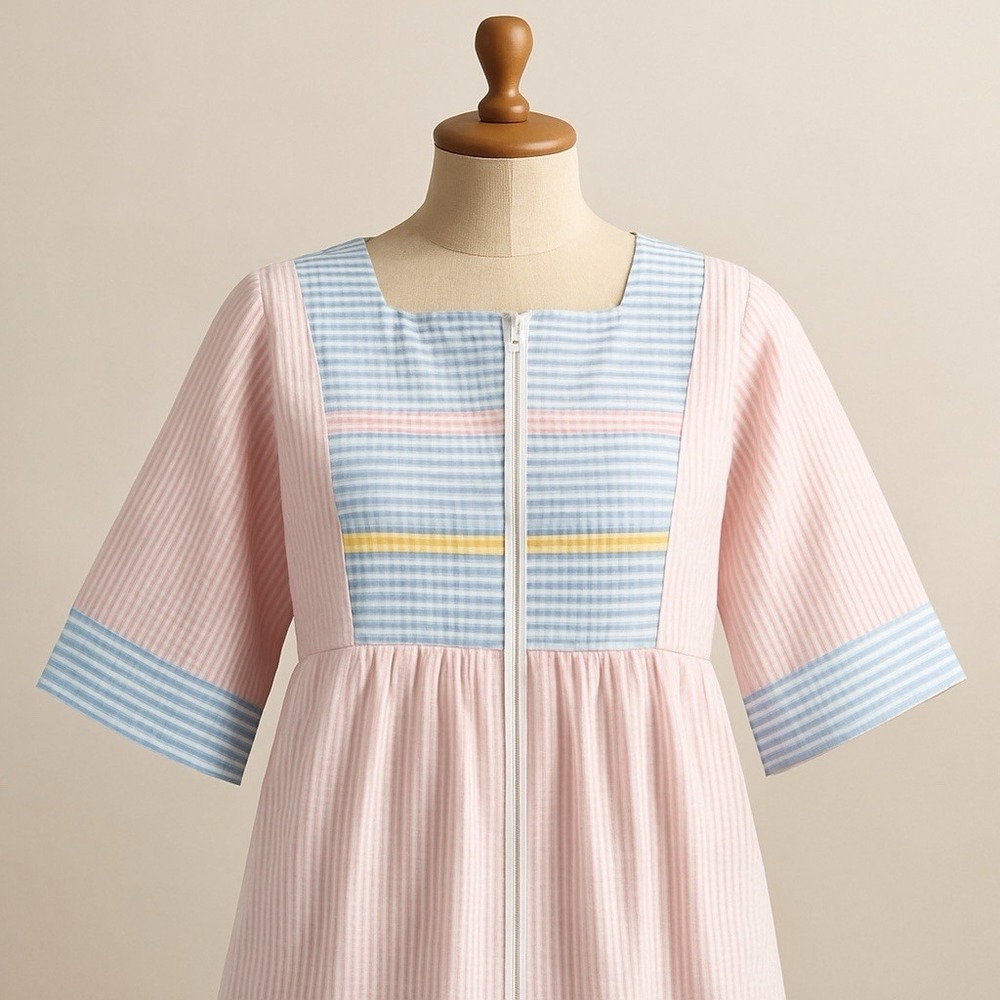 Vintage Saybury Seersucker House Dress Zip Front Pockets Patchwork L 80s‎ Pastel
